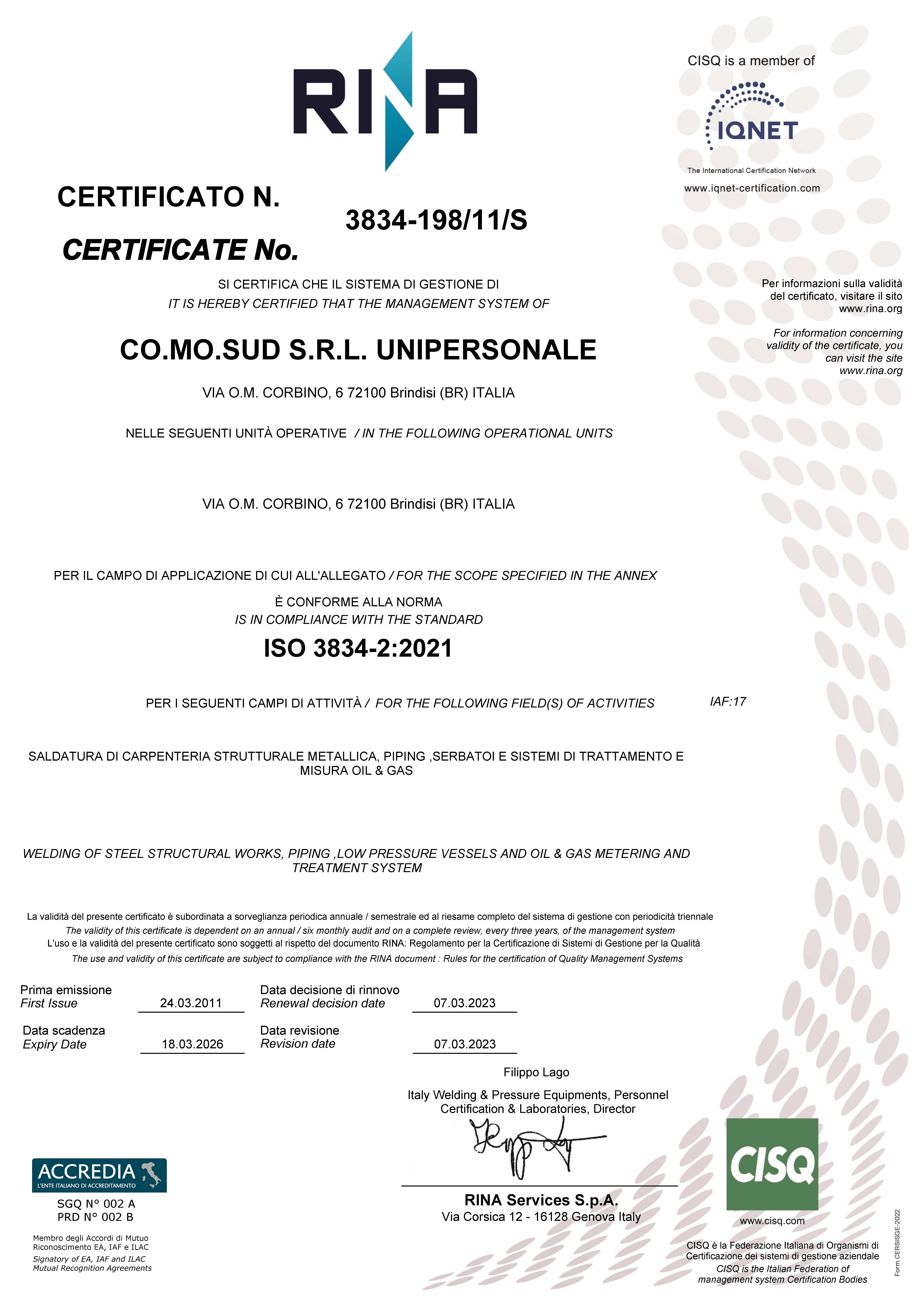 Certificato ISO 3834-2